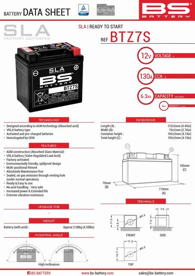 350 TE (1995 - 1995) btz7s sla battery | BS BATTERY