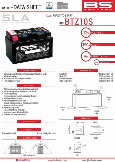 701 SUPERMOTO (2016 - 2022) btz10s sla battery | BS BATTERY