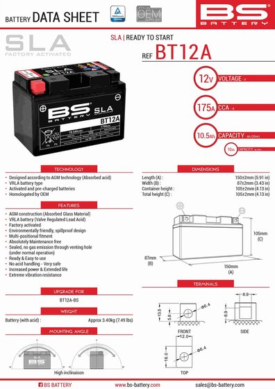 SVARTPILEN 125 (2021 - 2022) bt12a sla 12v 175 a battery | BS BATTERY