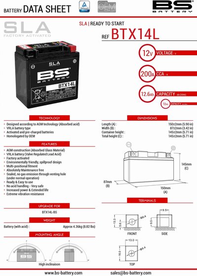 TE 610 E IE (1992 - 2007) btx14 sla 12v battery | BS BATTERY