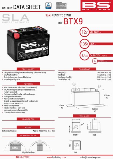 SVARTPILEN 401 (2018 - 2018) btx9 sla 12v 135 a battery | BS BATTERY